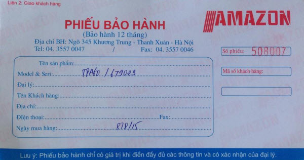 Hình ảnh phiếu bảo hành máy xông hơi kèm theo máy khi xuất hàng