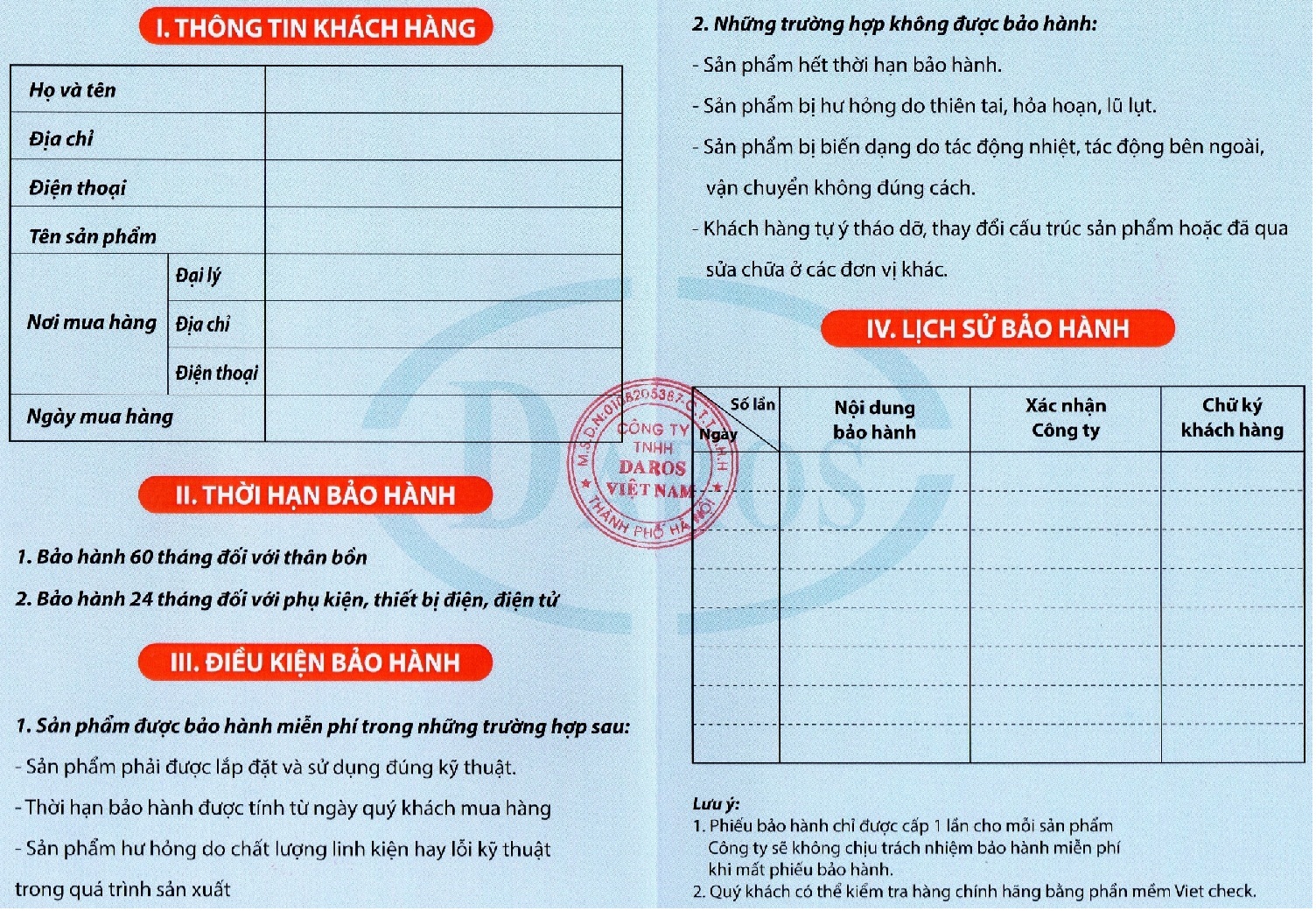 Phiếu bảo hành các mẫu bồn tắm