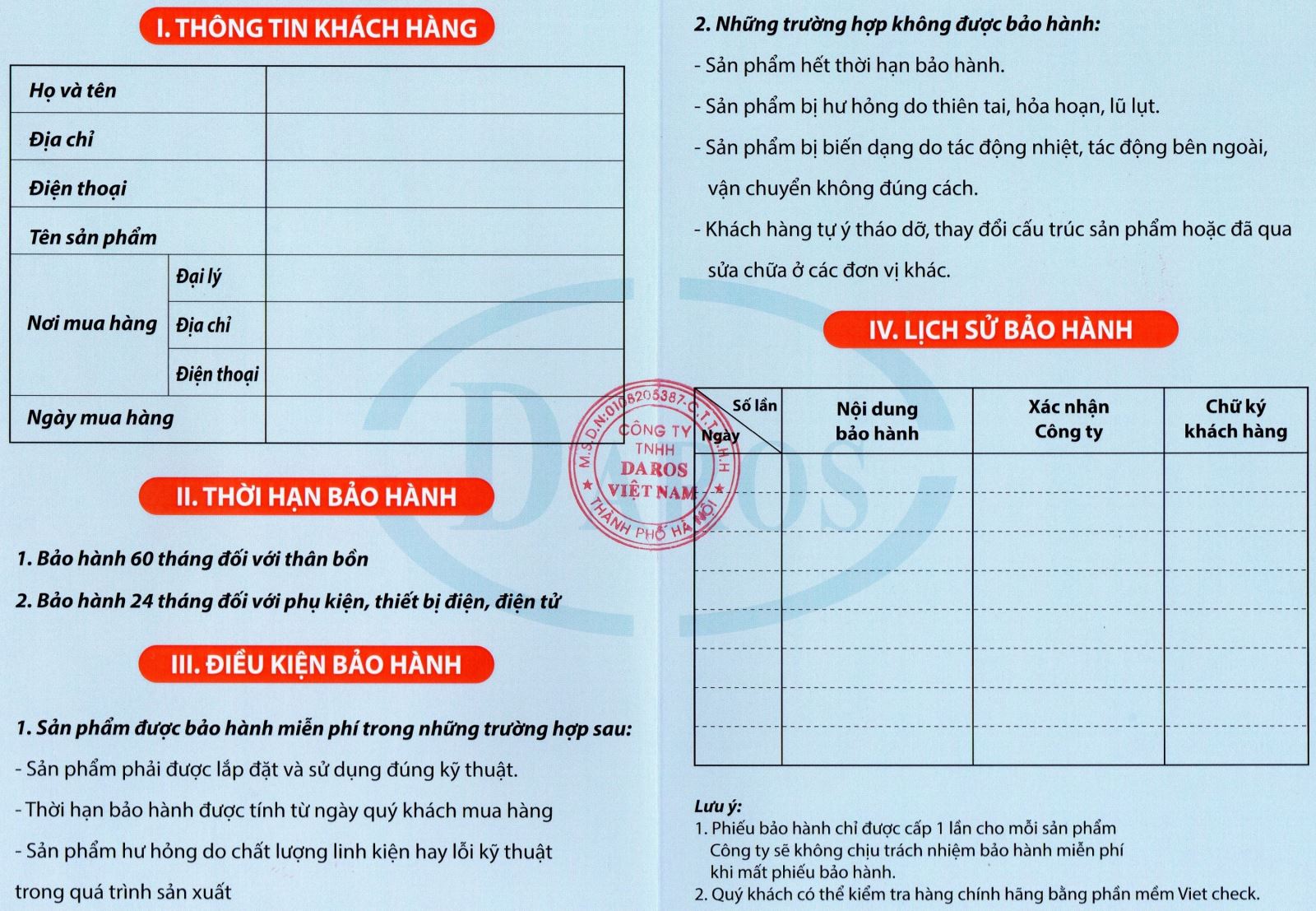Phiếu bảo hành sản phẩm