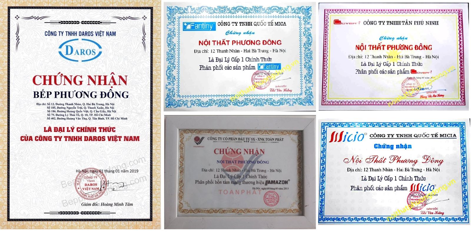 Chứng nhận bồn tắm của showroom Bếp Phương Đông