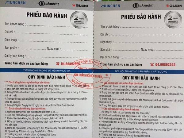 phiếu bảo hành bếp