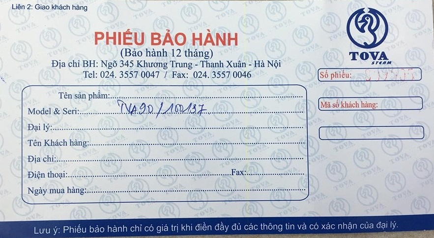 Hình ảnh phiếu bảo hành máy xông hơi kèm theo máy khi xuất hàng